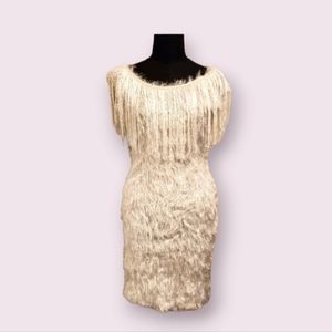 White Feather Like Dress with Tassles Fringe at Neckline